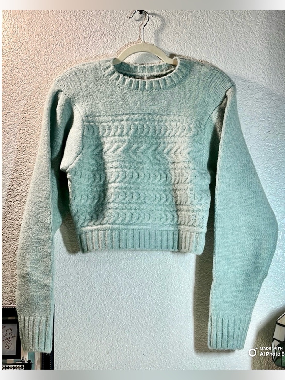 For Love & Lemons Dominique Cropped Cable Knit Sweater Mint Green S NWT - Picture 3 of 8